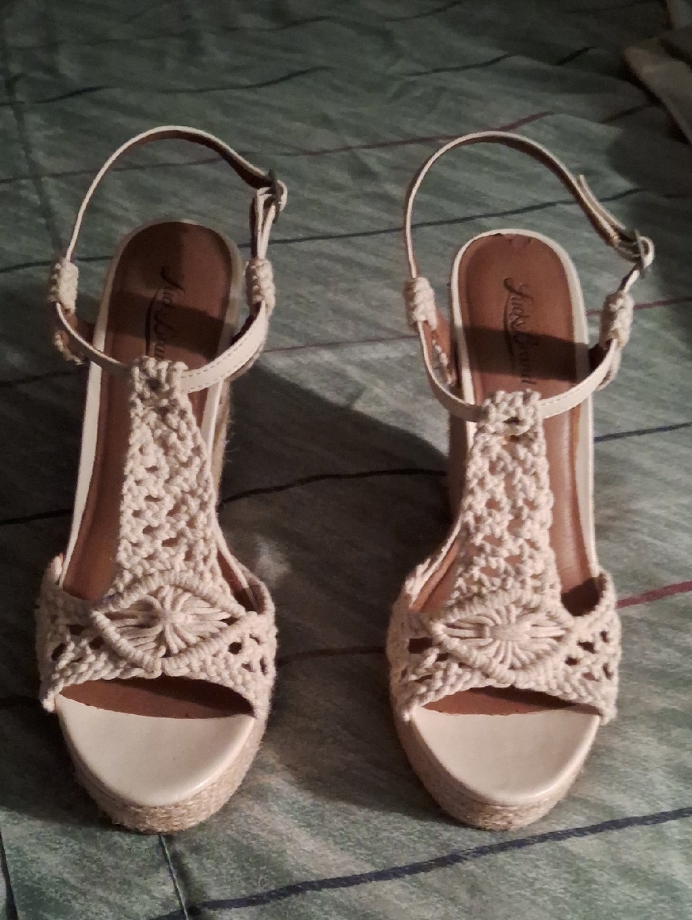 Lucky Brand, Cream Wedges with Elegant Crochet Design & Sexy,Ankle Straps ❤️